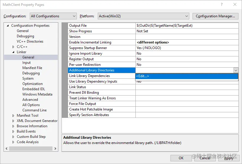 Screenshot of the Property Pages dialog showing the Edit command in the Linker > General > Additional Library Directories property drop-down.