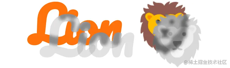 Chrome screenshot. Shows two text and emoji layers partly overlapping. The top one is semitransparent, so through it, we can see the layer underneath blurred (by applying a backdrop-filter on the top one). The problem is that applying the grayscale filter on the top semitransparent layer not only affects this layer, but also the blurred area of the layer underneath.