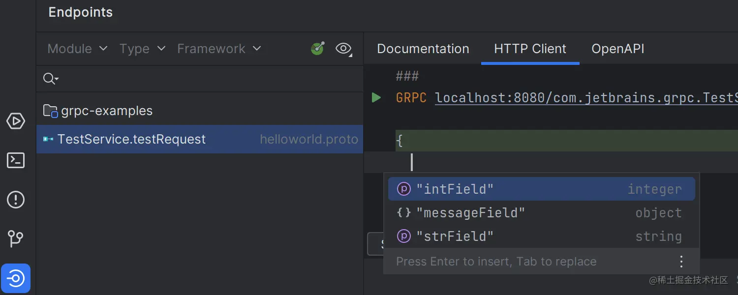从 Endpoints（端点）工具窗口运行 GRPC 请求的选项