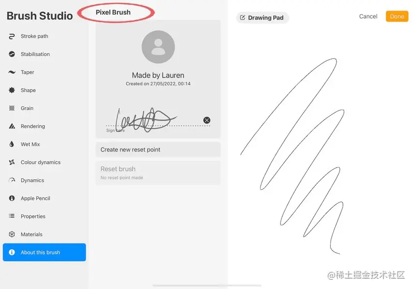 screenshot of the 'about this brush' menu with the brush name circled in red