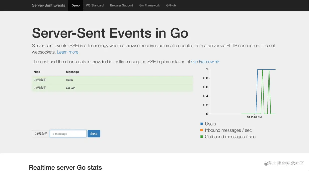 Go Gin 实时聊天示例截图