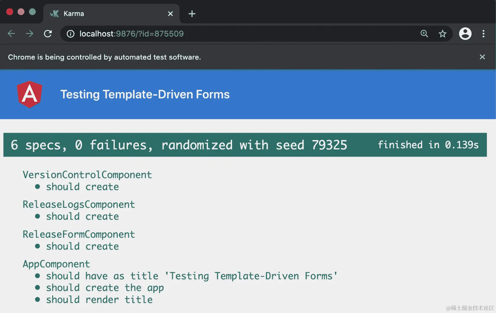 图 8.7 - 在适当的测试中导入 FormsModule 后，所有测试都通过了