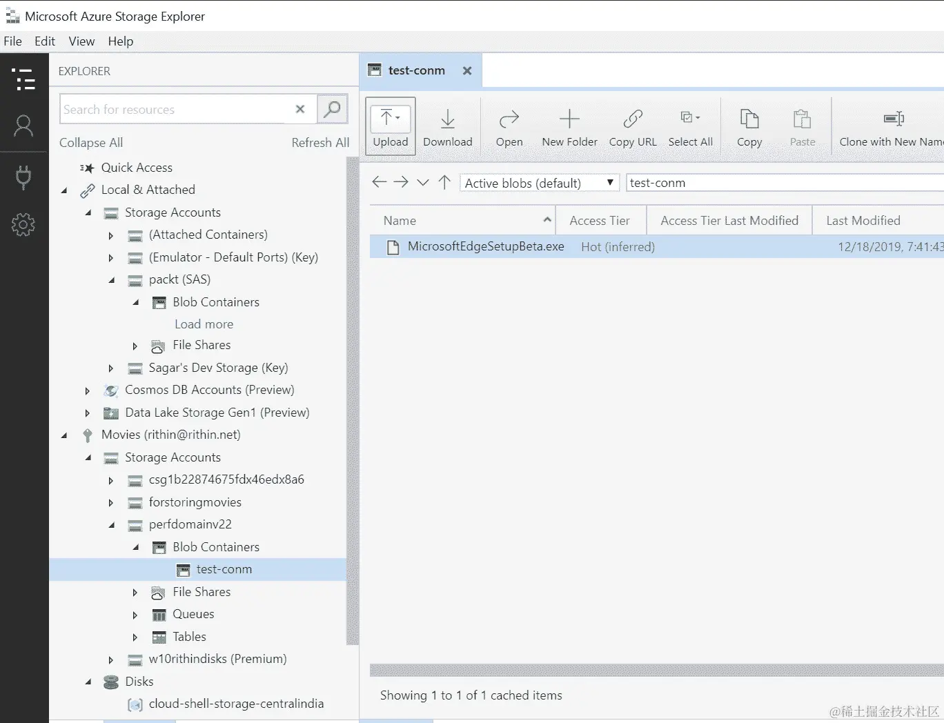使用 Azure 存储资源管理器窗口查看容器。