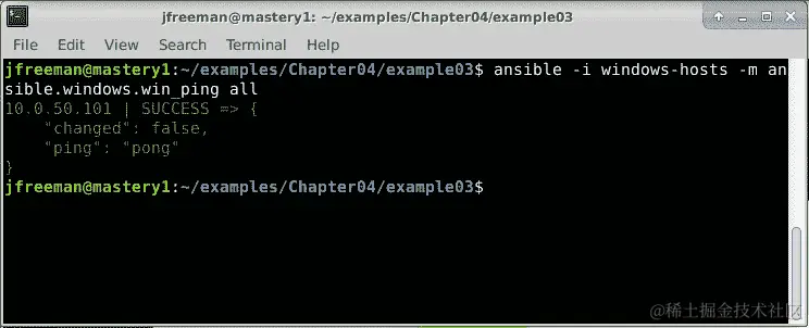 图 4.6 - 使用 Ansible 的 ansible.windows.win_ping 模块测试 WinRM 上的 Windows 主机连接
