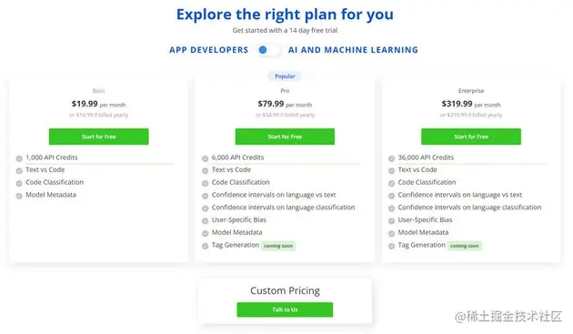 Code Detection API pricing table