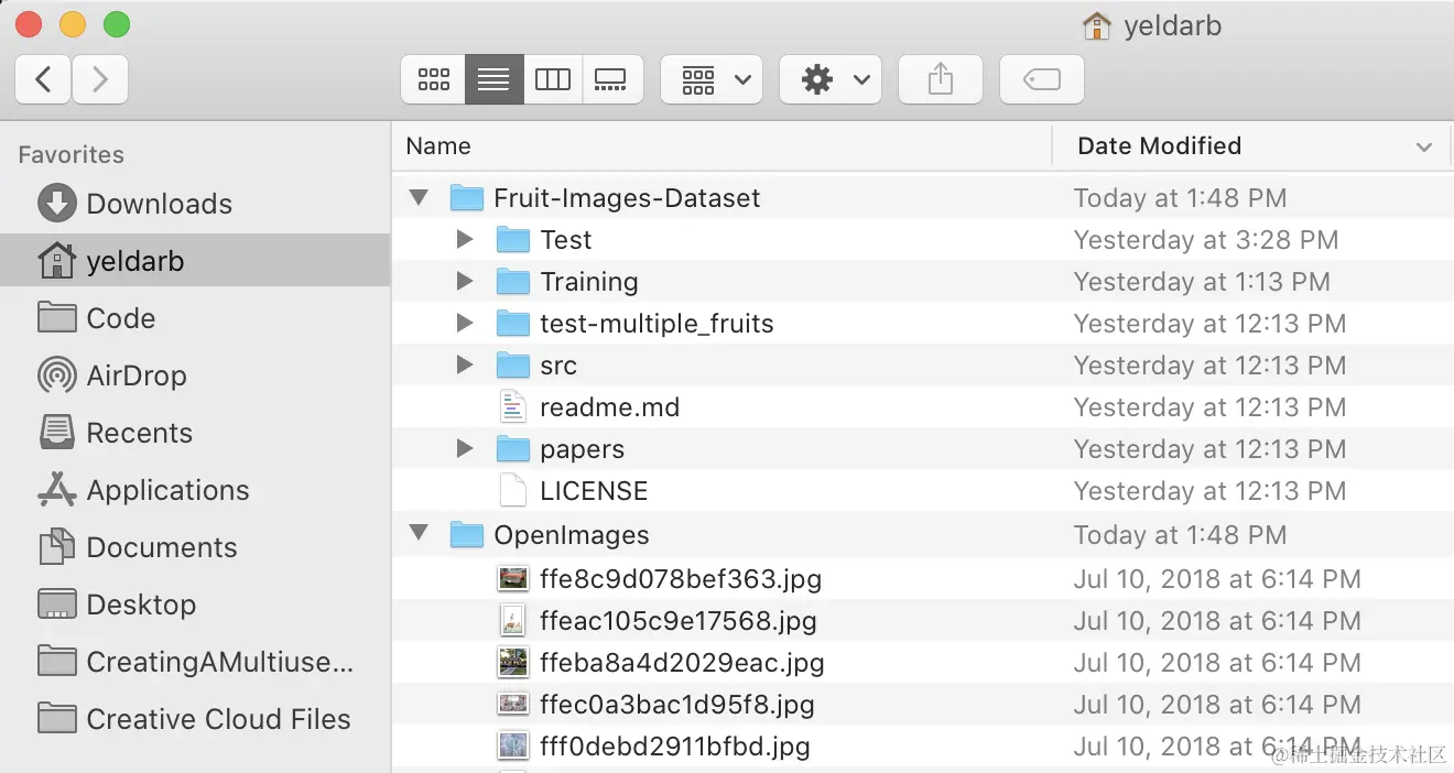 Finder 屏幕截图（Fruit-Images-Dataset、OpenImages）