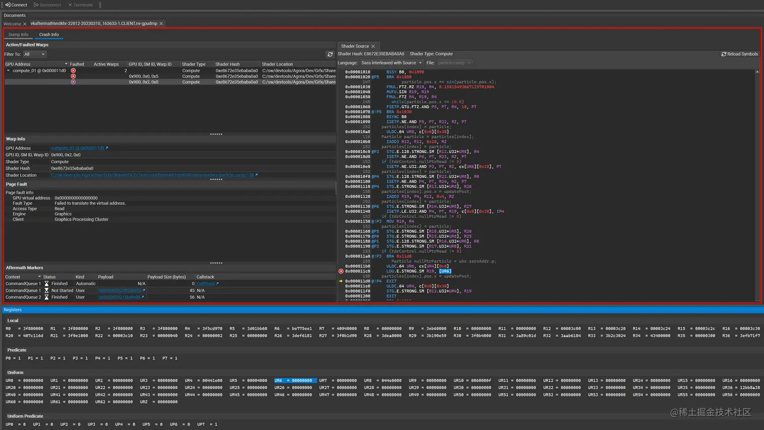 Screenshot of a SM register profiling in Nsight Aftermath SDK.