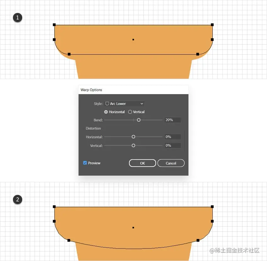 应用翘曲弧下部效果