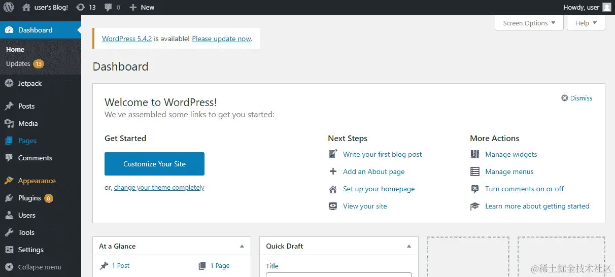 图 9.26 – WordPress 仪表板