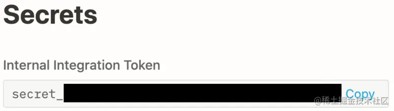 Internal Integration Token displayed for newly created Notion integration