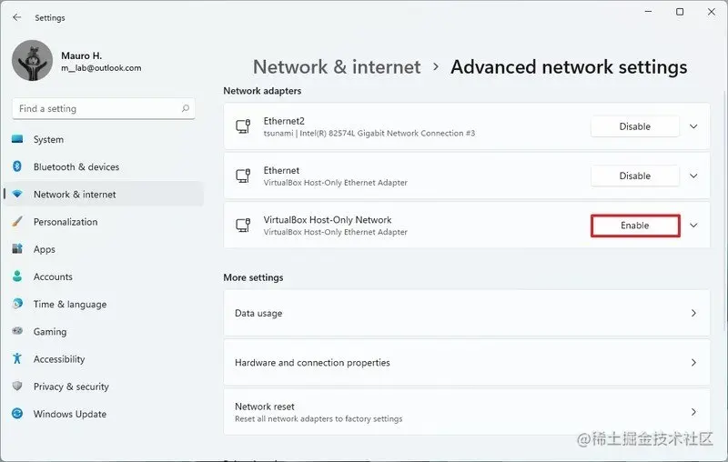 Advanced network settings on Windows 11