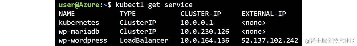 输出屏幕仅显示了 wp-WordPress 服务的 External-IP。