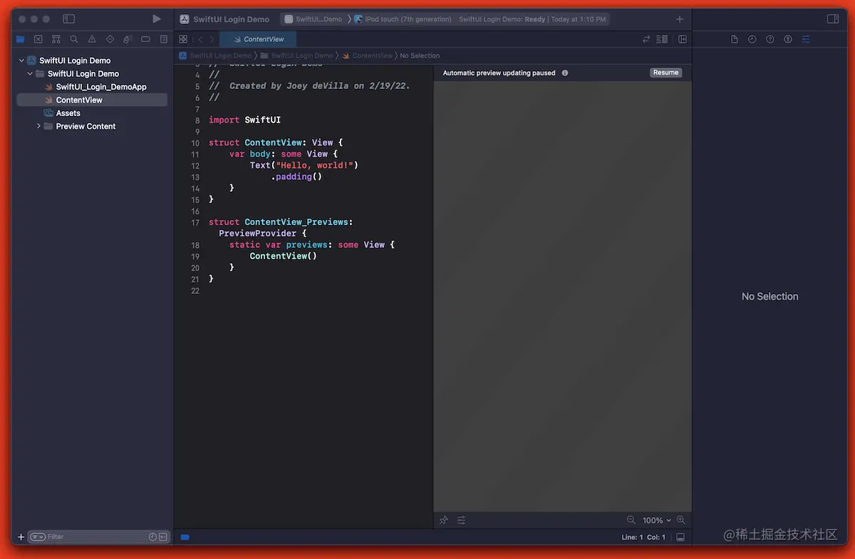 The Xcode window displaying the newly created project, with an empty Preview pane.