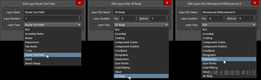 Select the Layer Type from the pre-defined list of Types; individual mechanical layers are shown on the left; Component Layer Pairs are shown in the middle and a new Component Layer on the right.