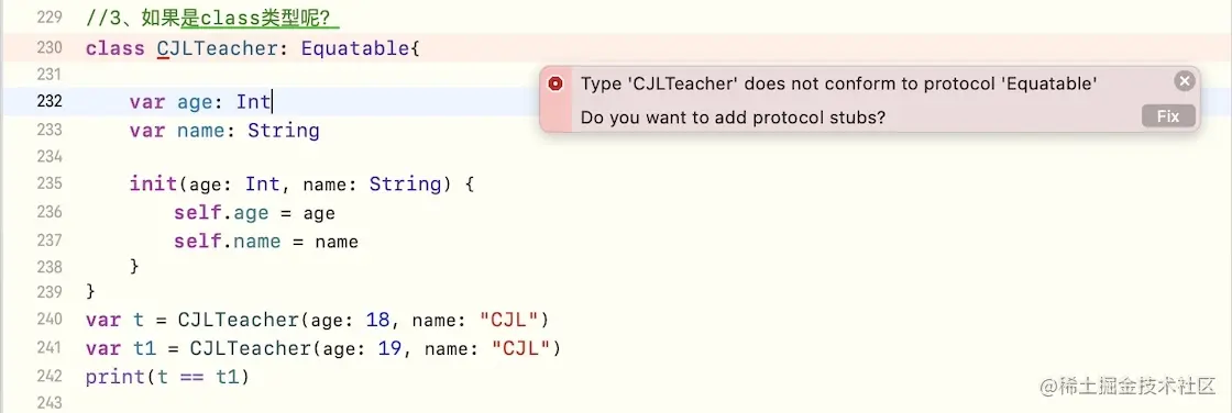 class仅遵守Equatable协议报错