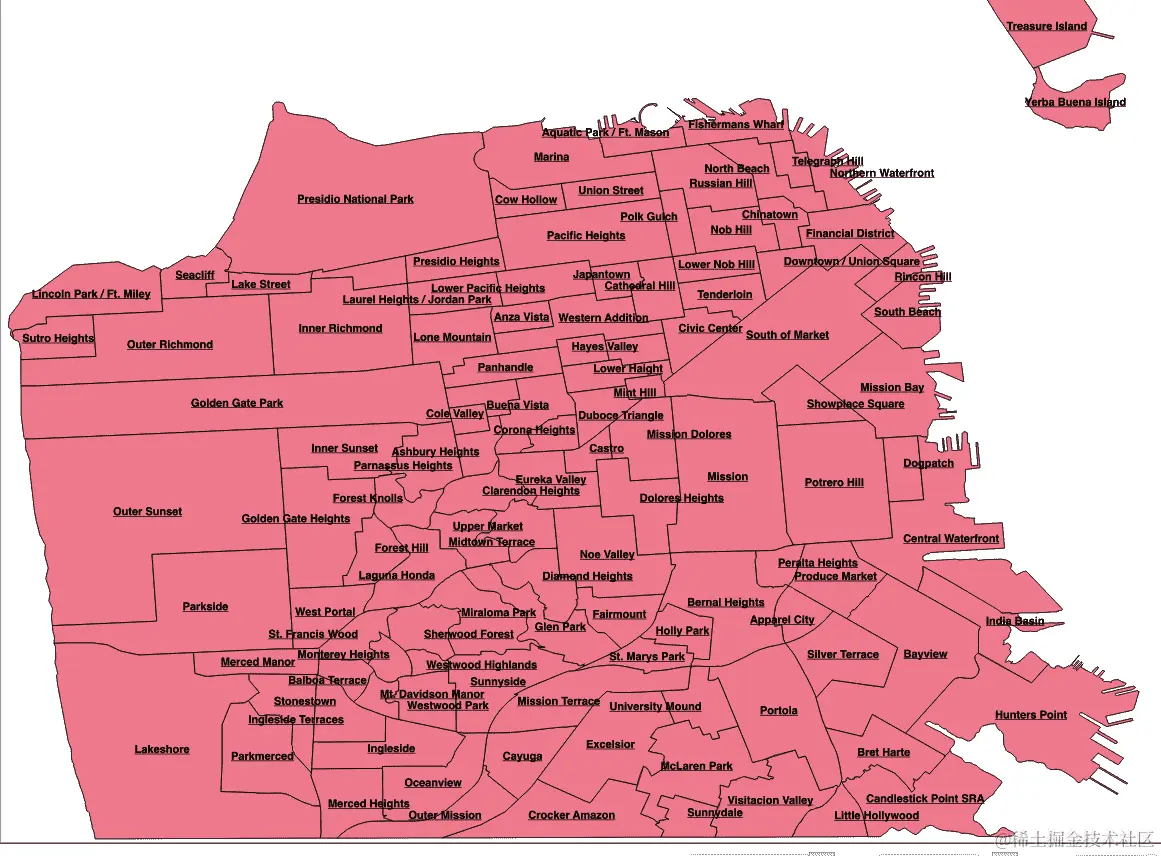 QGIS 中的旧金山邻里图层，带有标签