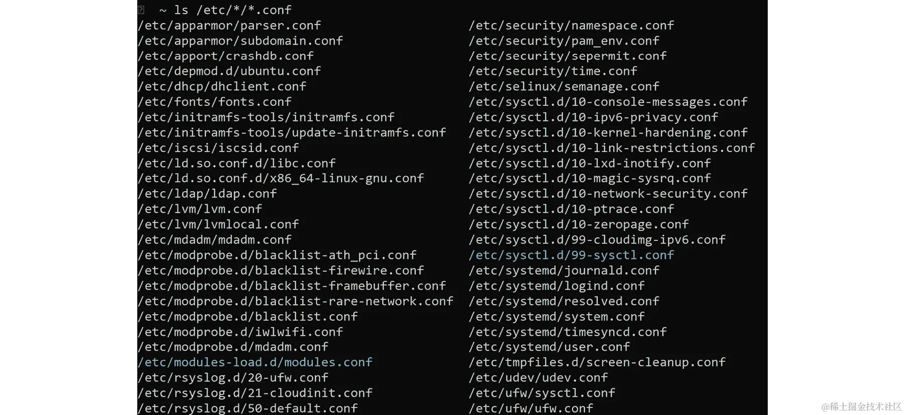 运行命令 ls /etc/*/*conf 以显示/etc 目录下所有.conf 文件的图像。