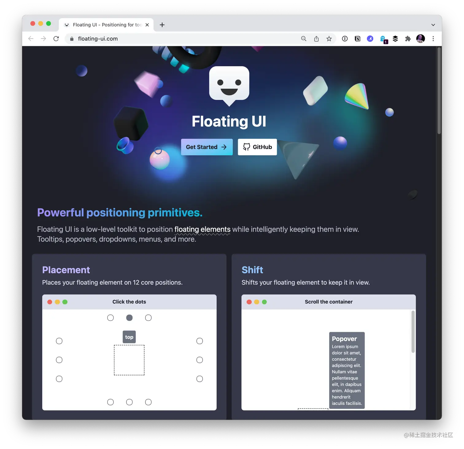 FloatingUI home screen showing a logo that looks like a CSS tooltip with a happy face.