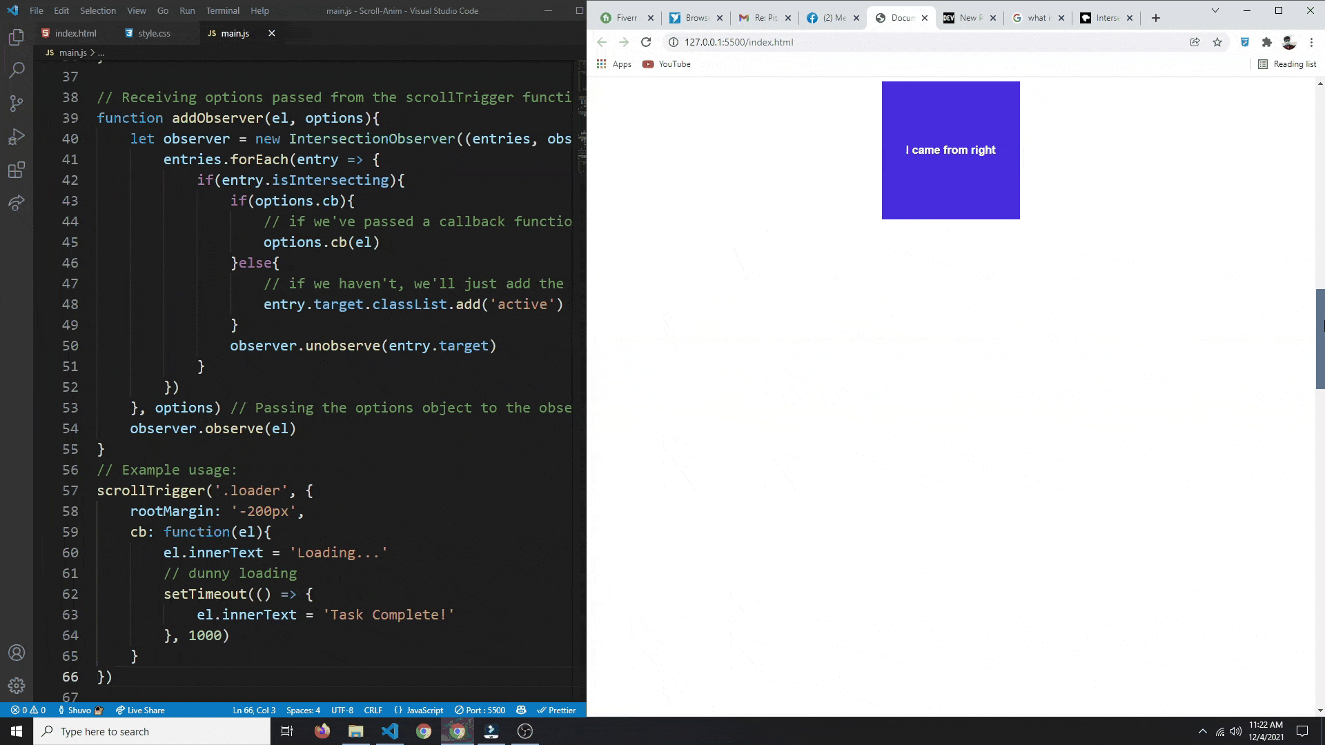 An updated animated screenshot of the same scroll-triggered animation. As boxes enter the screen from the bottom, a they rotate. A "loading" message that changes to "finished loading" message is the last element to scroll into view. The code is open to the left of the animation.
