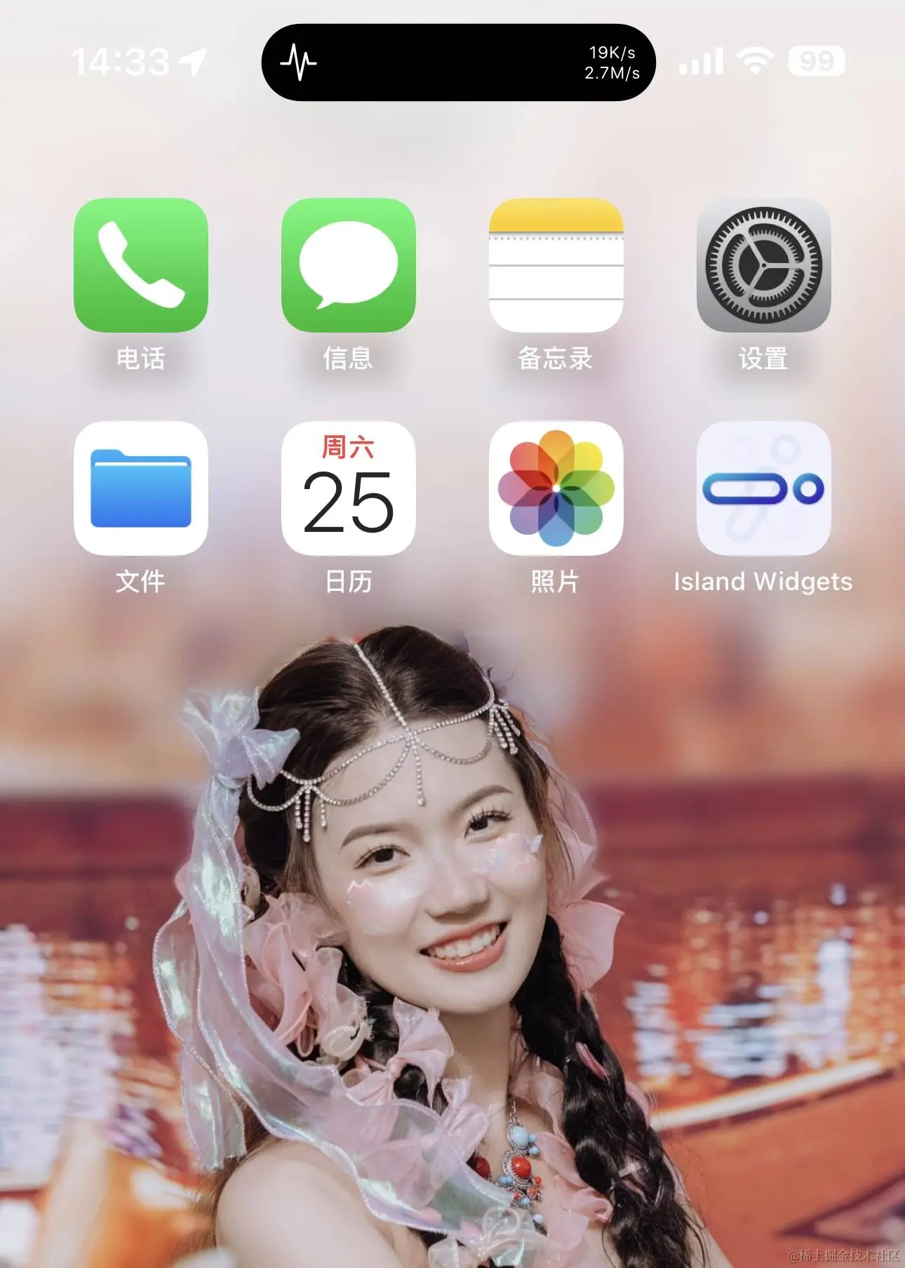 请忽略壁纸上的美女，截图主要演示灵动岛网速的功能