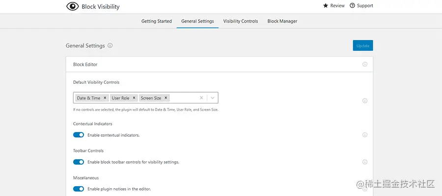 Block Visibility plugin settings screen.