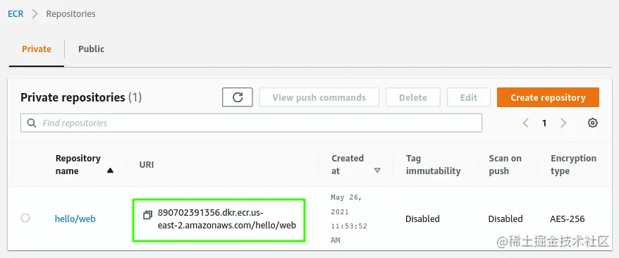 Where the ECR URI is found in the AWS console
