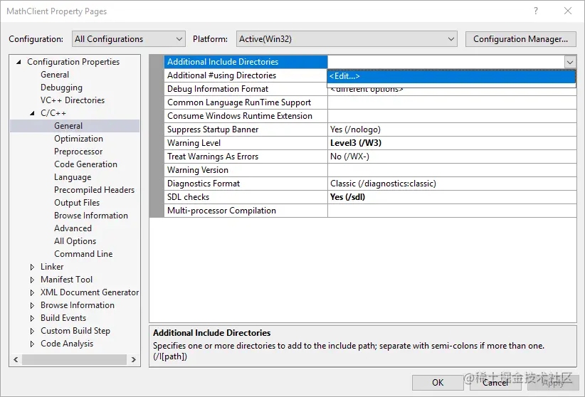 Screenshot of the Property Pages dialog showing the Edit command in the Additional Include Directories property drop-down.