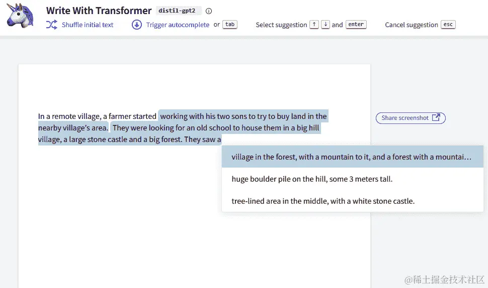 图 2.2 – GPT-2 根据提示撰写段落。来源：https://transformer.huggingface.co/doc/distil-gpt2