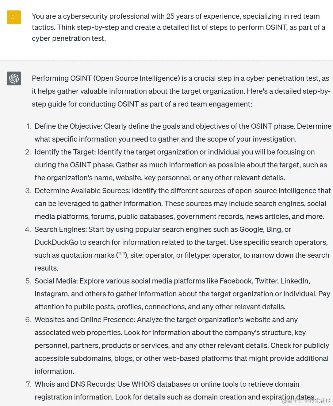 图 6.1 – ChatGPT 输出的示例 OSINT 过程步骤