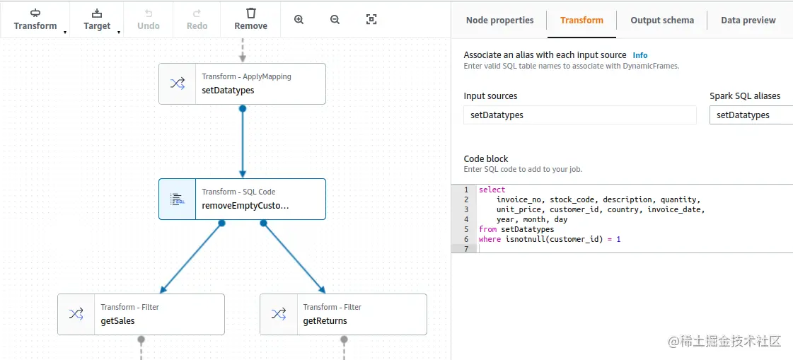 AWS Glue Studio - Spark SQL transformation