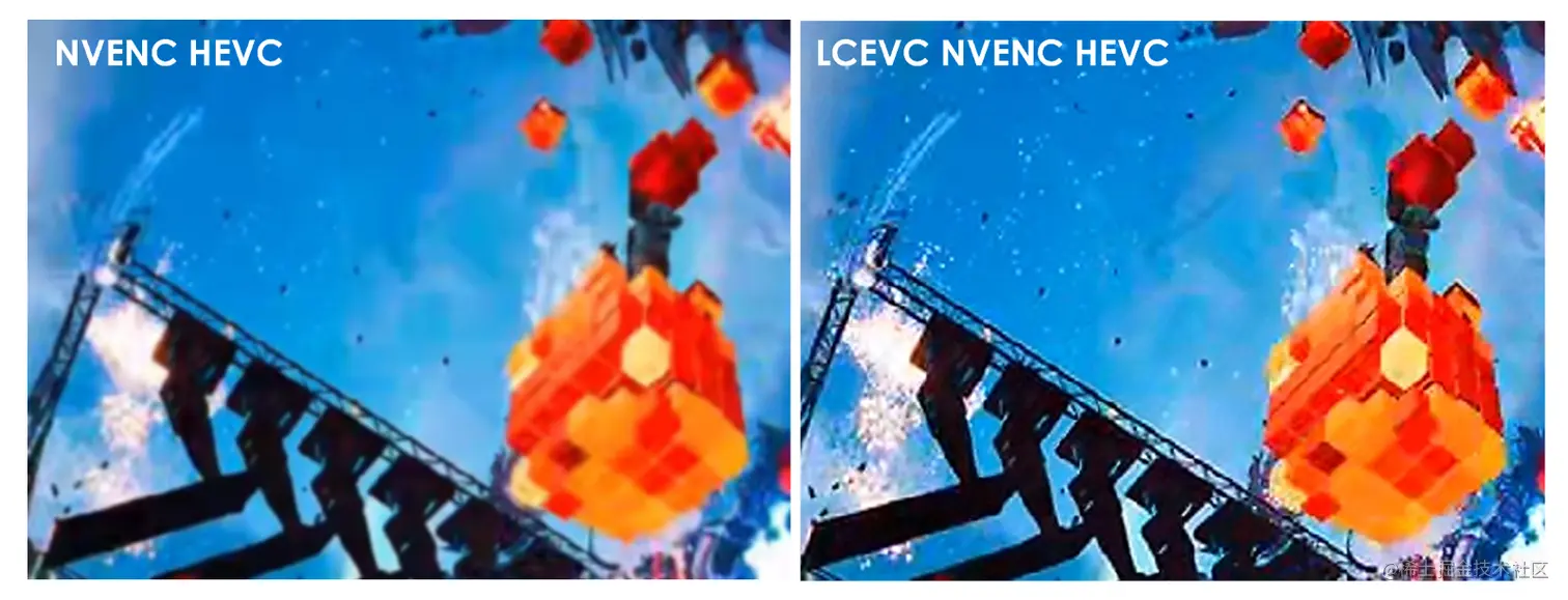Two versions of the same image with HEVC compared to LCEVC enhanced HEVC at 25 Mbit/s. 