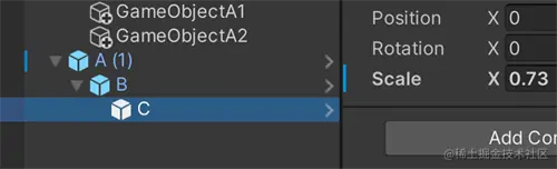 此图显示了当预制件 A 的子级游戏对象 C 的值处于非默认状态时，预制件 A 旁边显示的覆盖指示器。