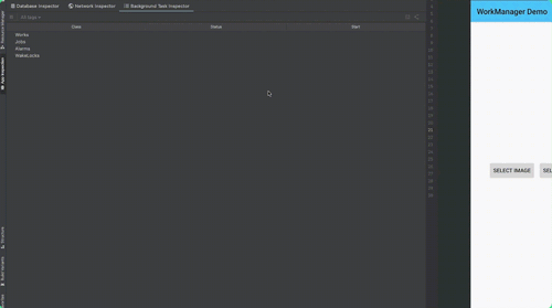 △ 使用 WorkManagerSample 应用和应用检查器面板