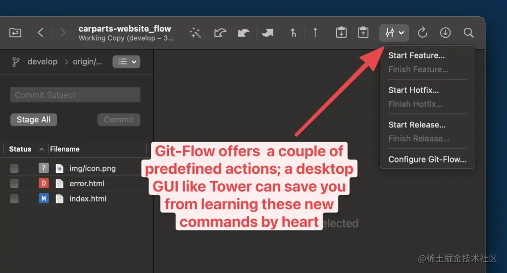 Git Flow offers a couple of predefined actions: a desktop GUI like Tower can save you from learning these new commands by heart.