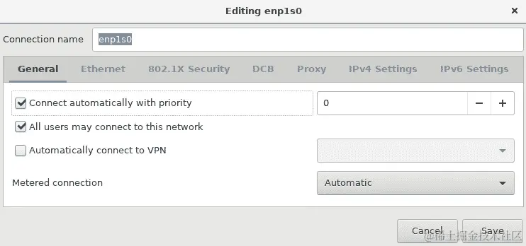 图 1.47 - RHEL8 安装 - 网络和主机名配置；接口配置；常规选项卡