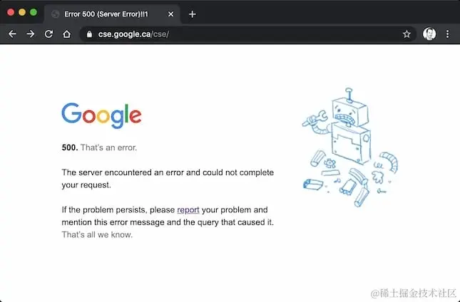 HTTP error 500 example: Google