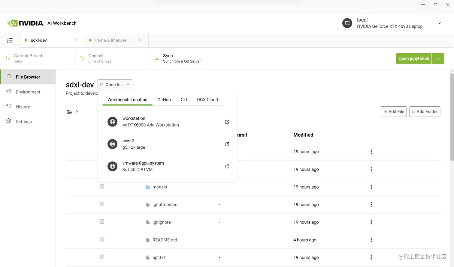 The screenshot shows the StableDiffusion XL project in the AI Workbench graphical user interface. There are various remote compute resources to select from 