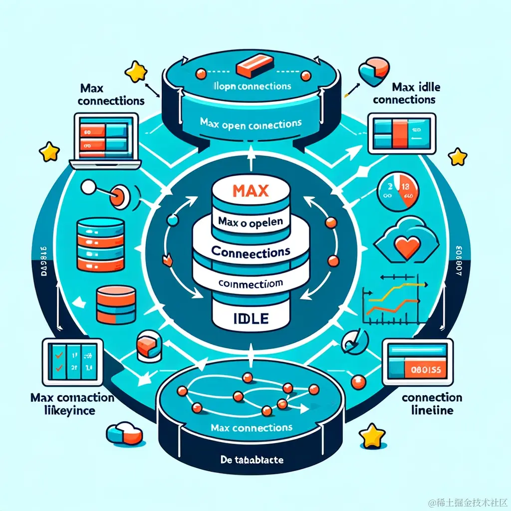 DALL·E 2023-11-30 22.08.57 - An informative diagram showing GORM database connection pool parameters. Include three sections labeled 'Max Open Connections', 'Max Idle Connections'.png