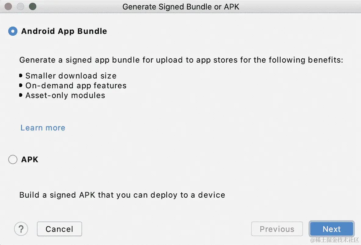 图 16.4：生成签名的 Bundle 或 APK 对话框