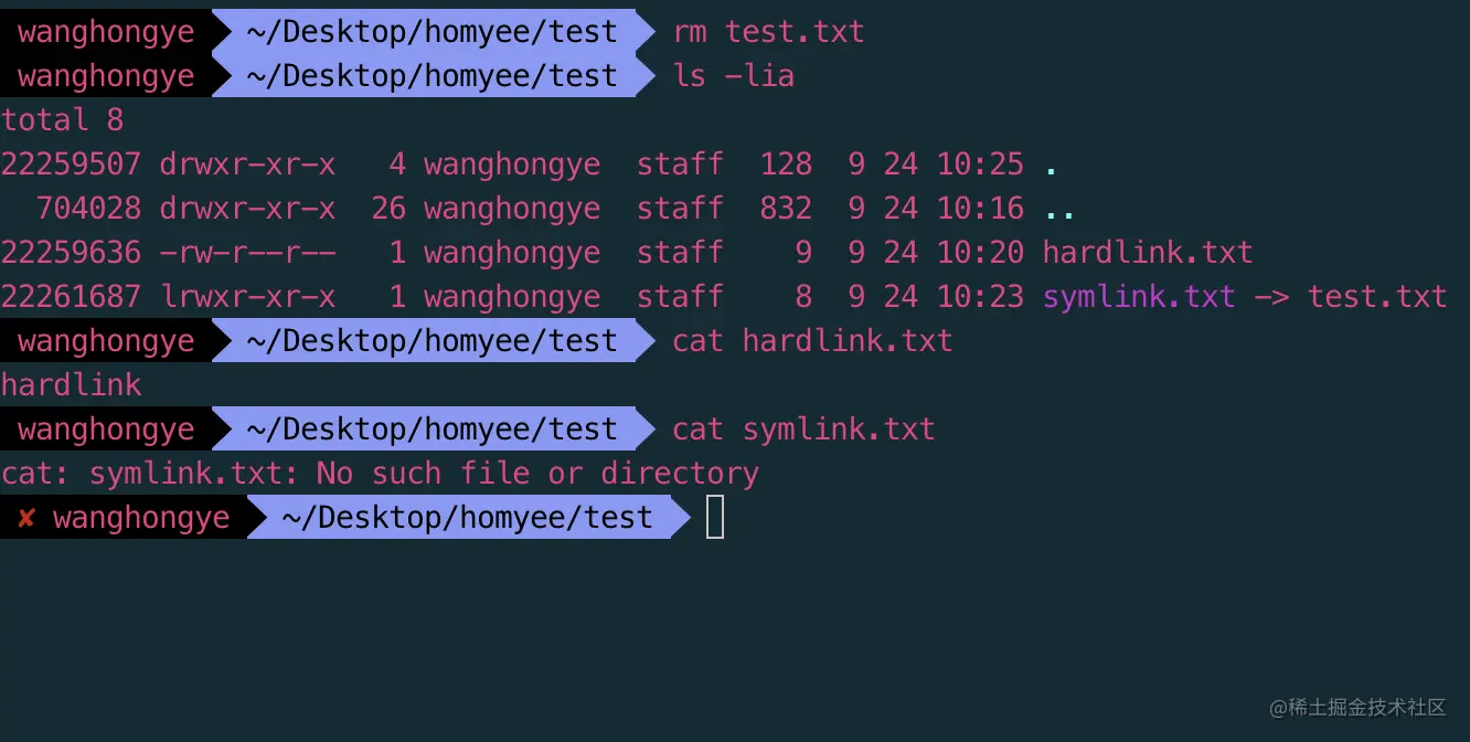 hardlink vs symlink前言 在文件系统的底层中，有一个叫inode的数据集来描述文件的元信息，包括在磁盘 掘金