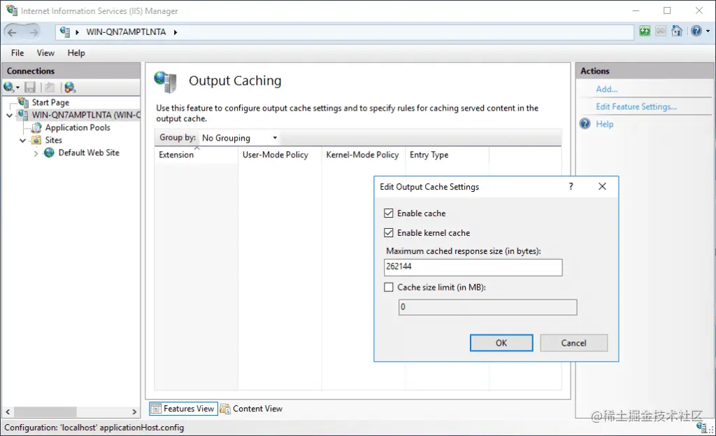Enabling Output Caching on server level