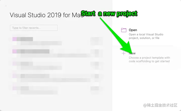 Screenshot of Visual Studio homepage with arrow pointing to the "+new" button