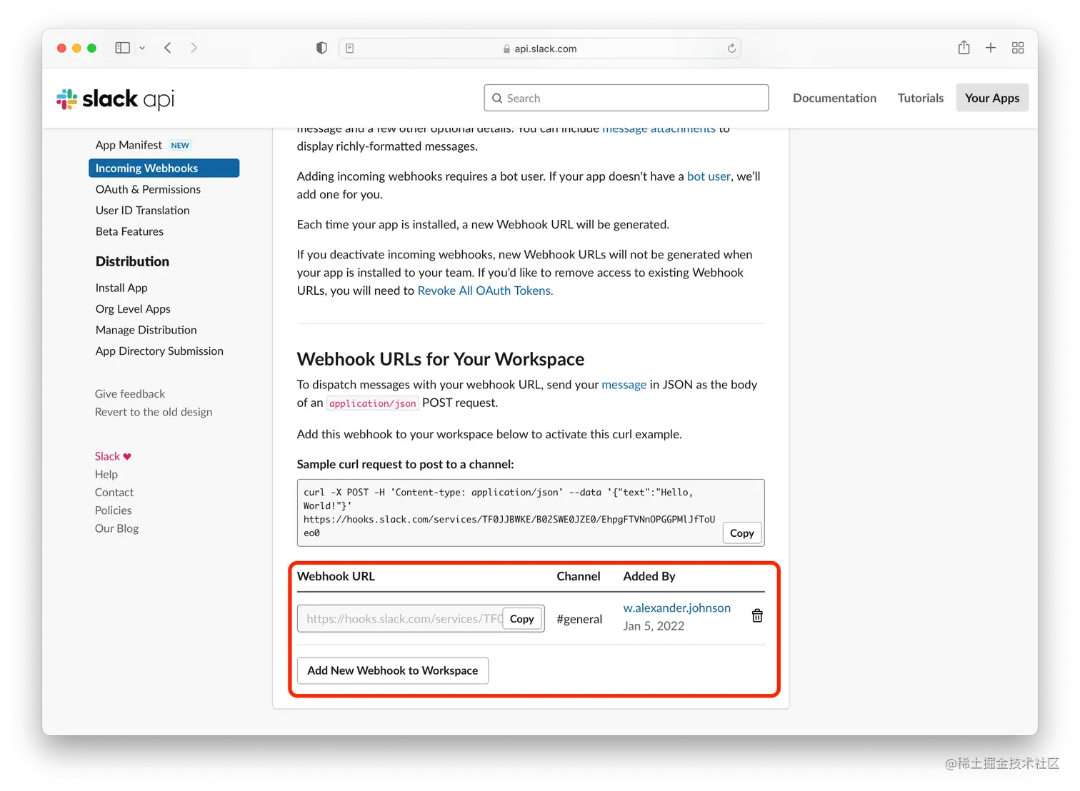 Slack webhooks URL section
