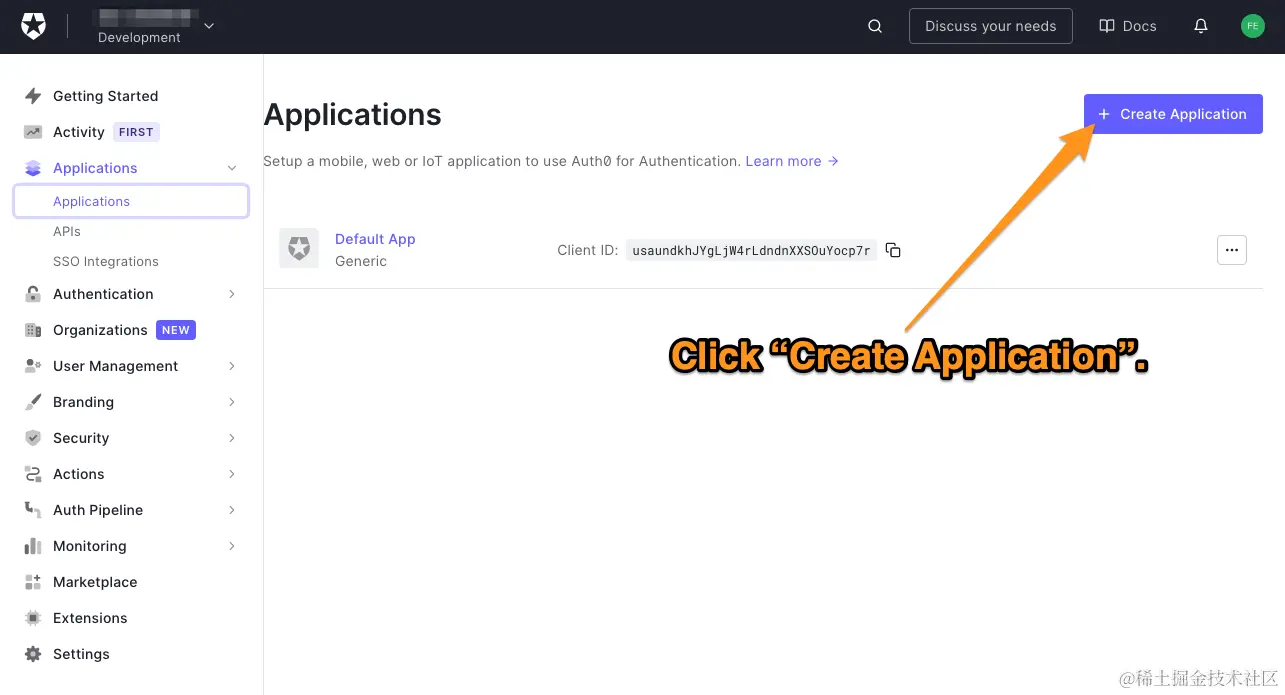 The main page of the Auth0 dashboard’s “Applications” page. The reader is directed to click the “Create Application” button.