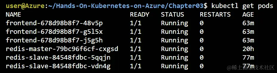 当您执行 kubectl get pods 命令时，输出屏幕会显示总共 6 个处于运行状态的 Pod。