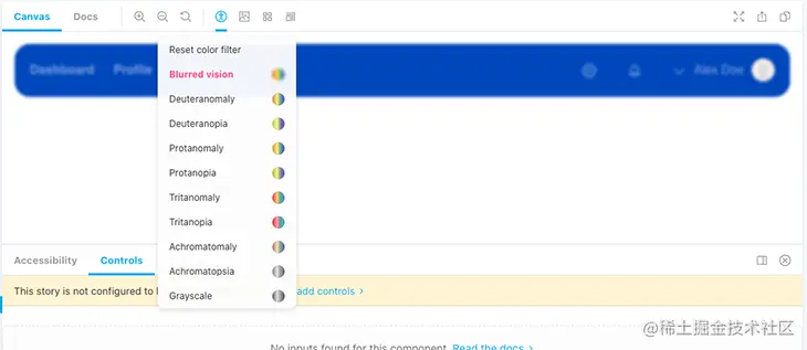 The color blindness simulator menu