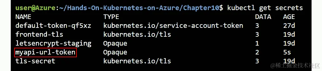 kubectl get secrets 命令的输出显示了秘密的名称、类型、数据和年龄。输出中有一个高亮显示，突出显示了名为 myapi-url-token 的秘密，类型为 Opaque。