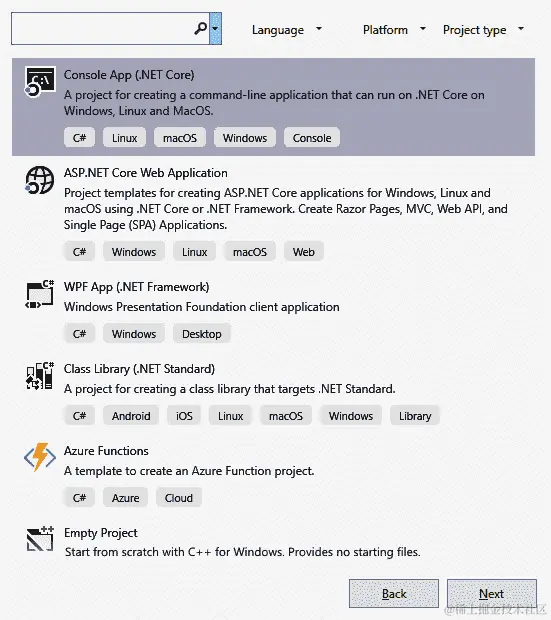 图 1.7 - 在创建时选择控制台应用程序(.NET Core)模板在 Visual Studio 中创建一个新项目