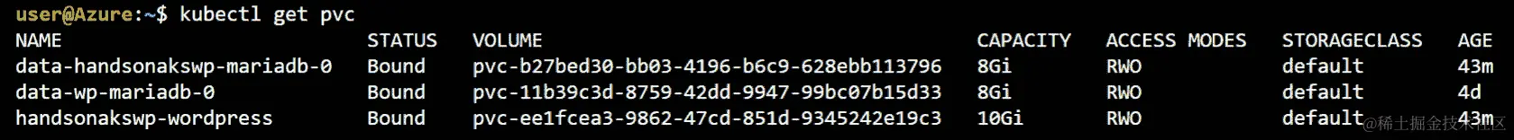 当您执行 kubectl get pvc 命令时，输出屏幕将显示每个 PVC 的名称、状态、卷、容量、访问模式、存储类和年龄。